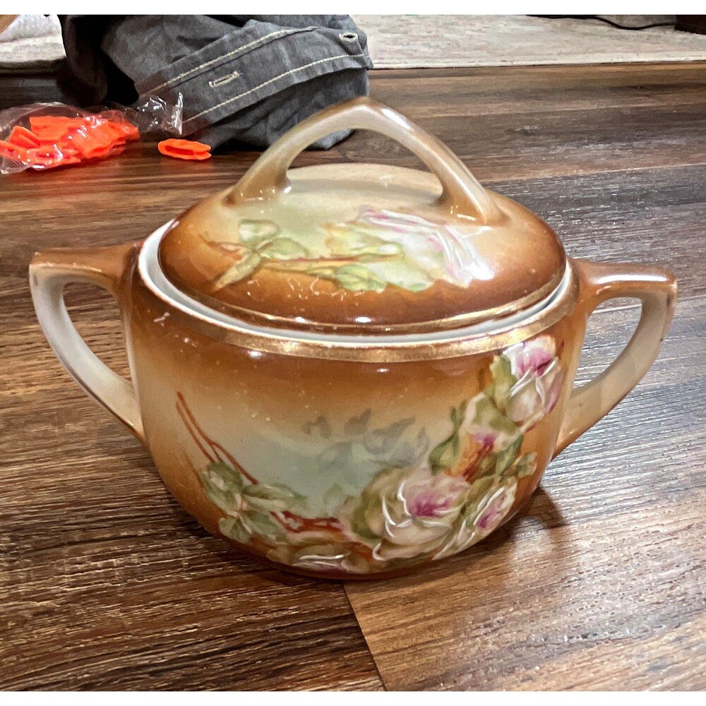 M.Z Austria Porcelain Floral Sugar Bowl w/ Lid & Handles Brown Painted 5 in